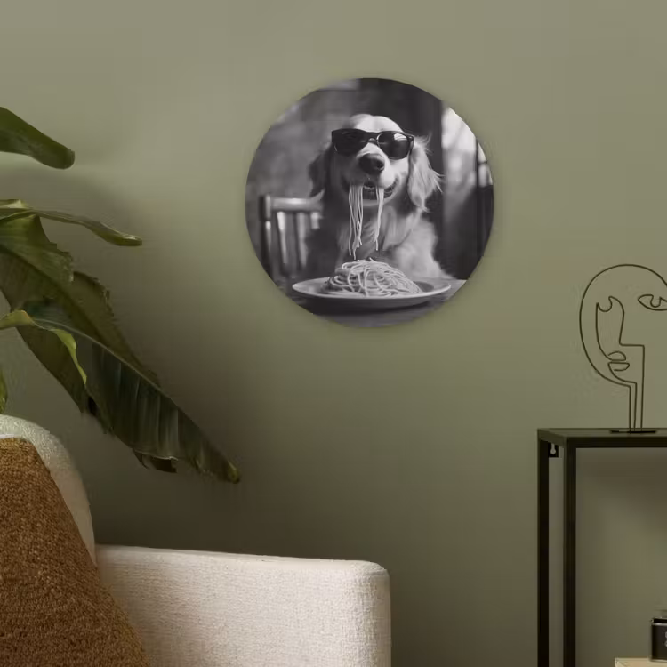 Golden Retriever - Hond - Vrolijk - Bord spaghetti - Zwart - wit Akoestische PET Vilt - Rond klein -sfeer2