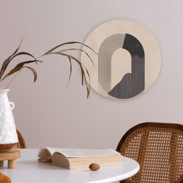 Grafisch gebogen motief - Beige Akoestische PET Vilt - Rond klein -sfeer3