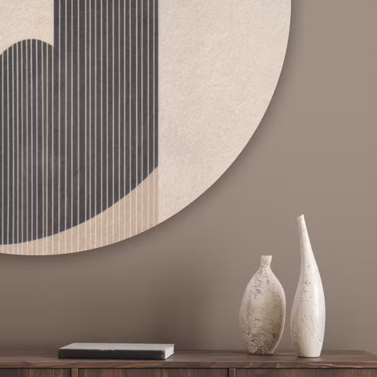 Grafisch gebogen motief - Beige Akoestische PET Vilt - Rond klein -sfeer5_closeup