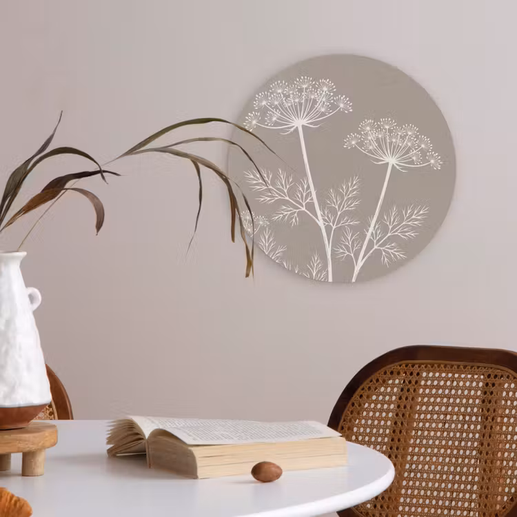 Grafisch - Fluitenkruid - Taupe Akoestische PET Vilt - Rond klein -sfeer3