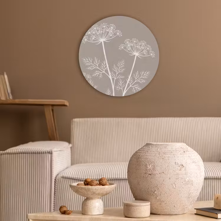 Grafisch - Fluitenkruid - Taupe Akoestische PET Vilt - Rond klein -sfeer1