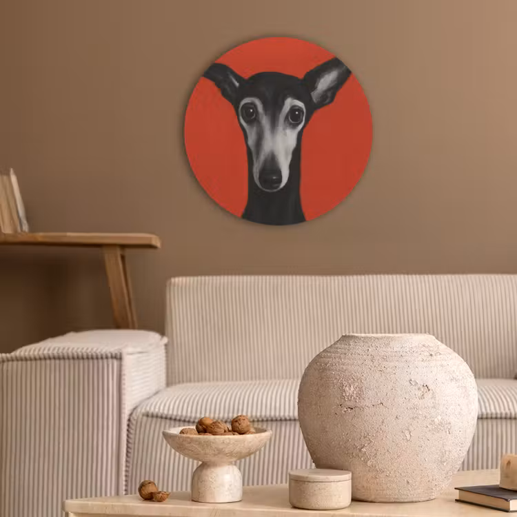 Windhond - Minimalistisch - Rood Akoestische PET Vilt - Rond klein -sfeer1