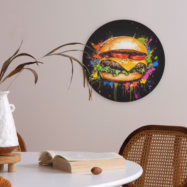 Hamburger - Graffiti - Verf - Kleurrijk - Eten - Abstract Akoestische PET Vilt - Rond klein -sfeer3
