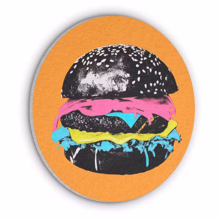 Hamburger - Oranje - Neon - popart Akoestische PET Vilt - Rond klein -3d