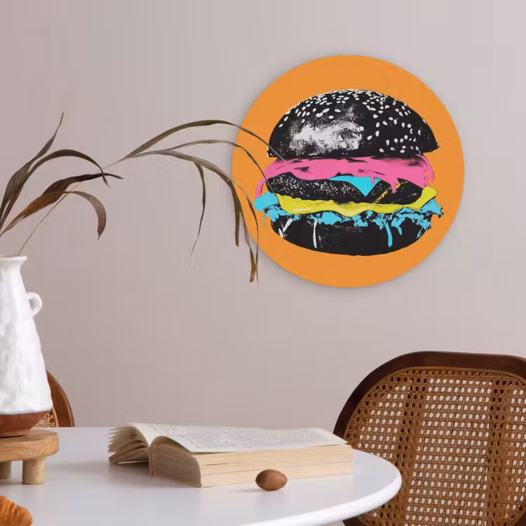 Hamburger - Oranje - Neon - popart Akoestische PET Vilt - Rond klein -sfeer3