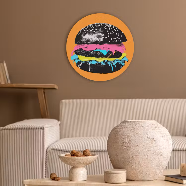 Hamburger - Oranje - Neon - popart Akoestische PET Vilt - Rond klein -sfeer1