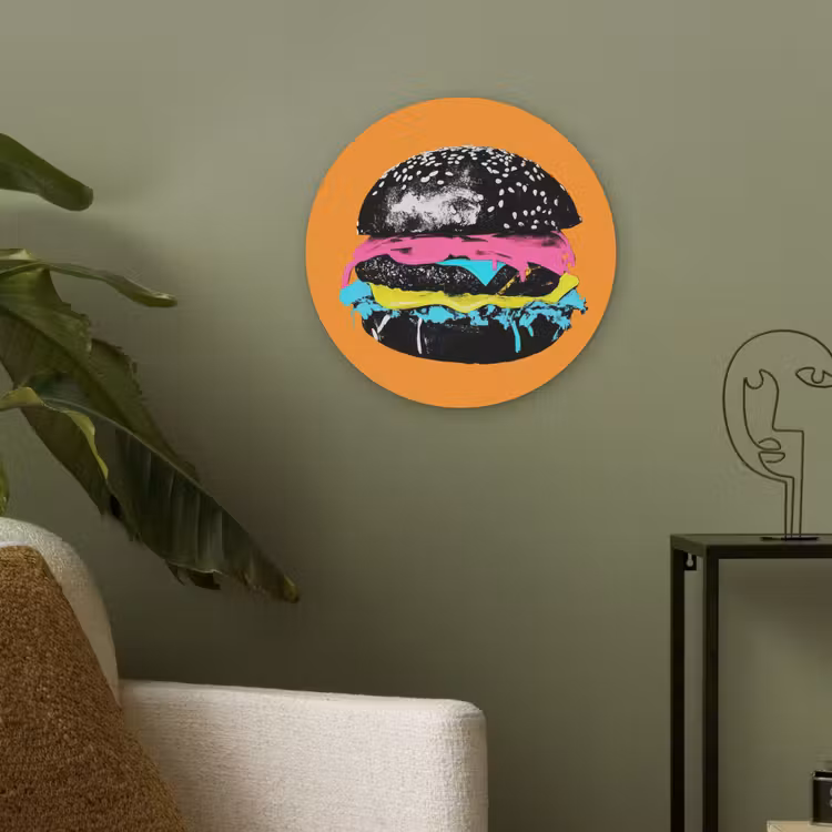Hamburger - Oranje - Neon - popart Akoestische PET Vilt - Rond klein -sfeer2