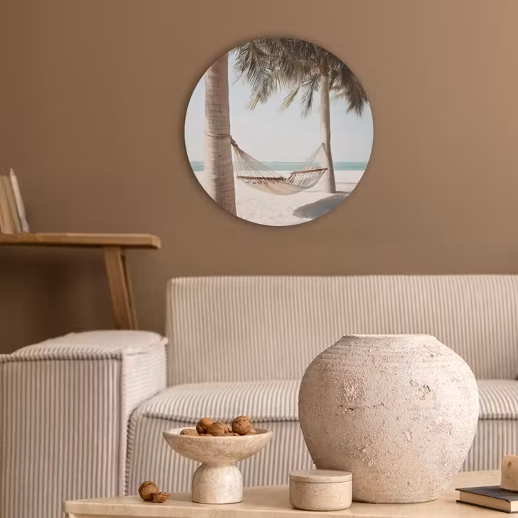 Hangmat - Palmbomen - Strand - Zee Akoestische PET Vilt - Rond klein -sfeer1