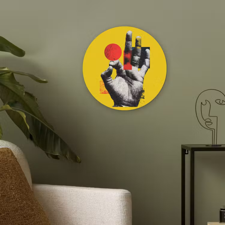 Hand - Rode cirkel - Geel Akoestische PET Vilt - Rond klein -sfeer2