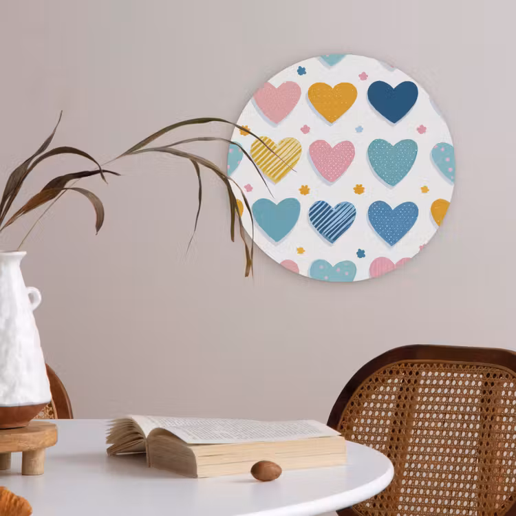 Hartjes - Pastel - Kleurcontrast - Handgetekend Akoestische PET Vilt - Rond klein -sfeer3