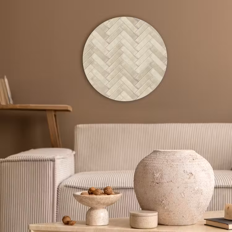 Visgraat - Wandtegel - Licht Beige Akoestische PET Vilt - Rond klein 838 -sfeer1
