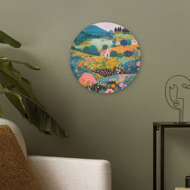 Heuvellandschap - Fantasierijk - Kleurcontrasten Akoestische PET Vilt - Rond klein -sfeer2