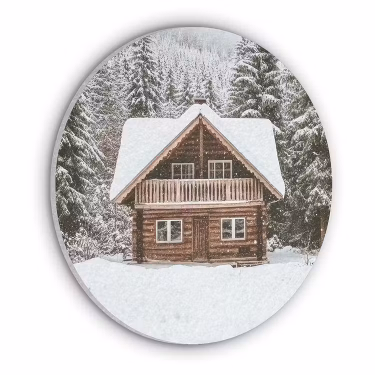 Huis - Bos - Winter - Natuur - Sneeuw Akoestische PET Vilt - Rond klein -3d