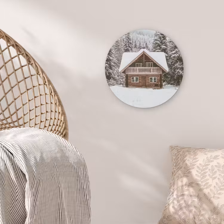 Huis - Bos - Winter - Natuur - Sneeuw Akoestische PET Vilt - Rond klein -sfeer4