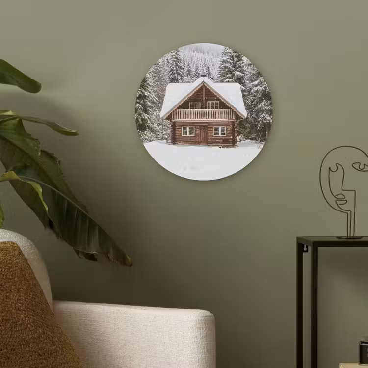 Huis - Bos - Winter - Natuur - Sneeuw Akoestische PET Vilt - Rond klein -sfeer2