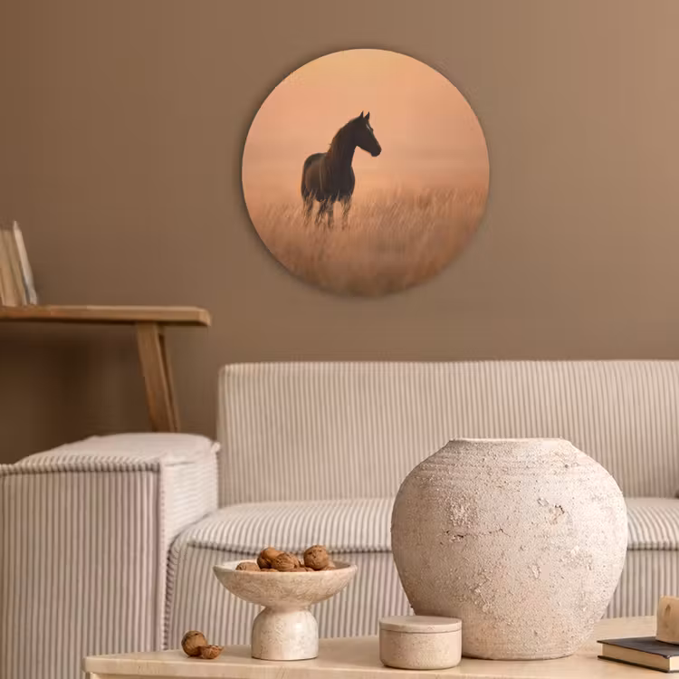 Paard - Grasveld - Zonsondergang Akoestische PET Vilt - Rond klein -sfeer1