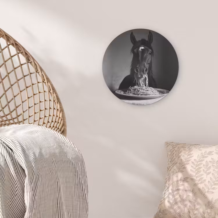 Paard - Bord - Pasta - Tafelkleed - Zwart Wit - Dieren Akoestische PET Vilt - Rond klein -sfeer4