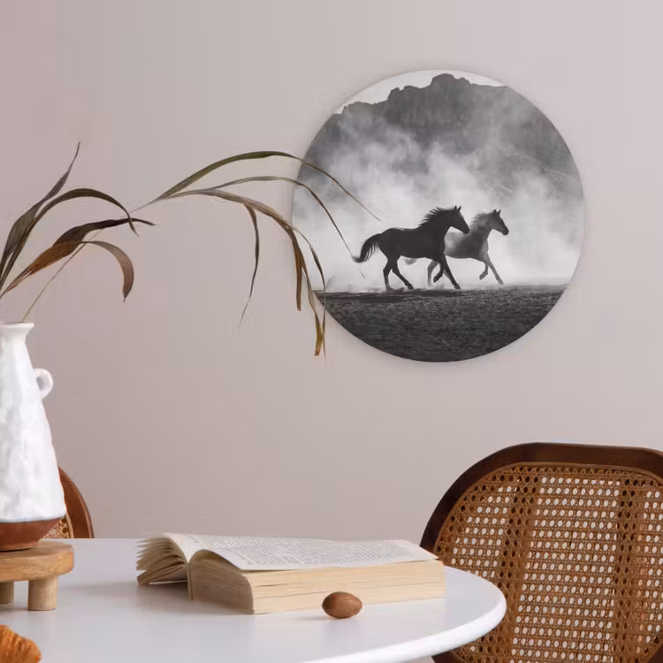 Paard - Ren - Stof - Zwart-wit - Dieren Akoestische PET Vilt - Rond klein -sfeer3