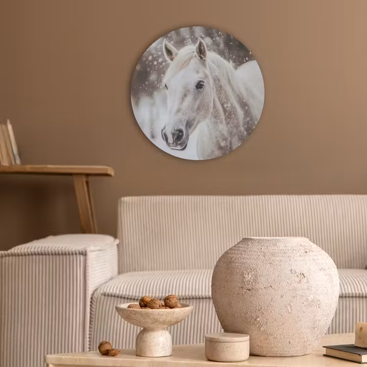 Paard - Wit - Winter - Natuur - Sneeuw - Dieren Akoestische PET Vilt - Rond klein -sfeer1