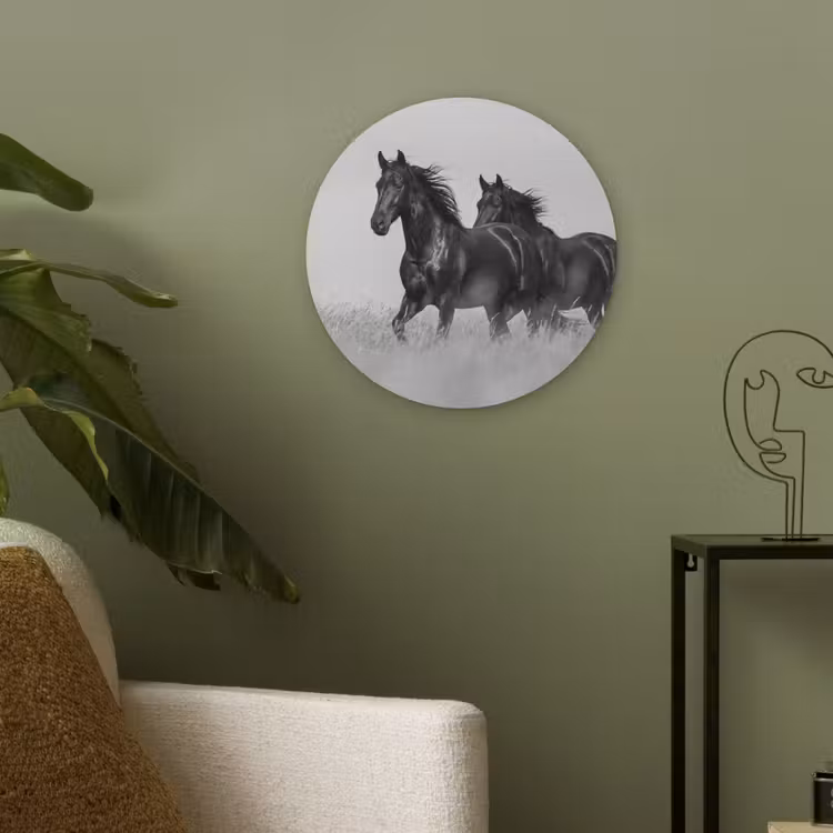Paarden - Gras - Zwart - Wit Akoestische PET Vilt - Rond klein -sfeer2