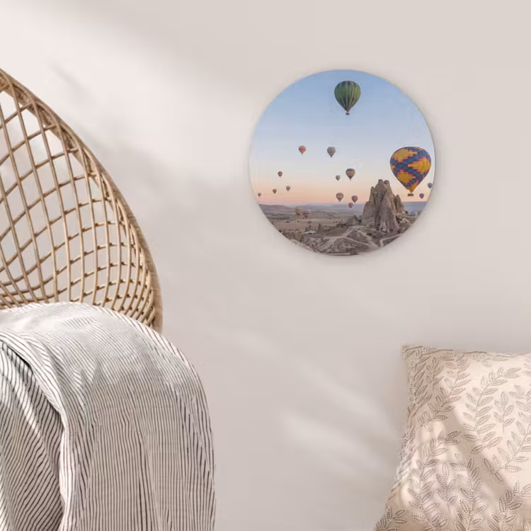 Luchtballonnen - Rotsen - Zonsopgang Akoestische PET Vilt - Rond klein -sfeer4