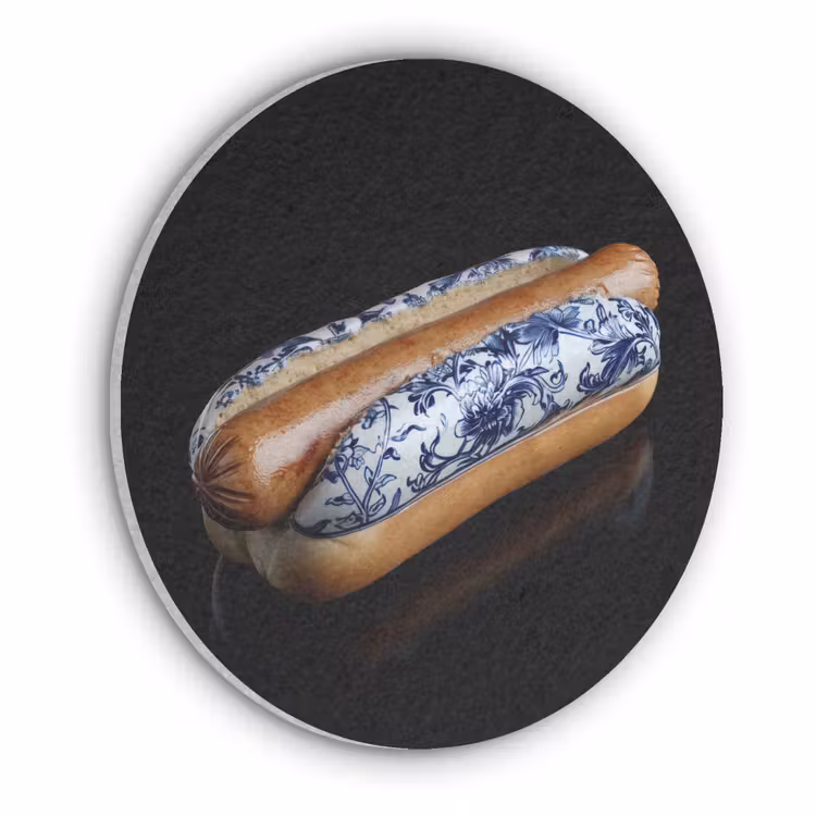 Hotdog - Porselein - Delfts blauw - Eten Akoestische PET Vilt - Rond klein -3d