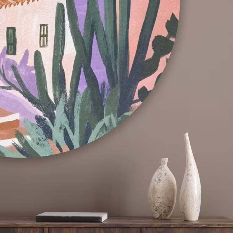 Huizen - Minimalistisch - Palmbomen - Kust Akoestische PET Vilt - Rond klein -sfeer5_closeup