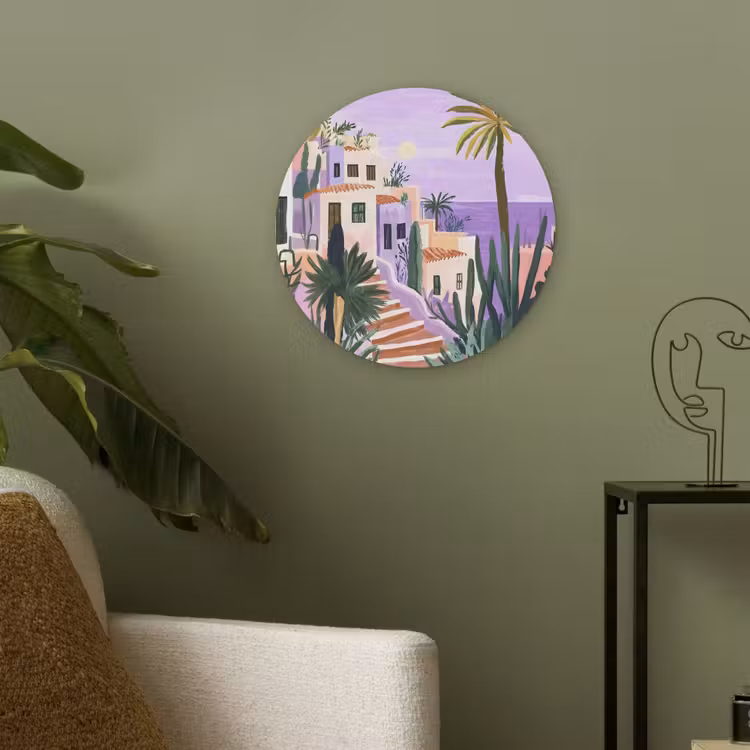 Huizen - Minimalistisch - Palmbomen - Kust Akoestische PET Vilt - Rond klein -sfeer2