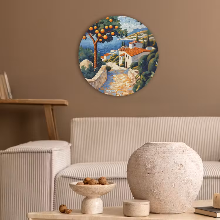 Huizen - Mozaïek - Sinaasappelbomen - Zee Akoestische PET Vilt - Rond klein -sfeer1