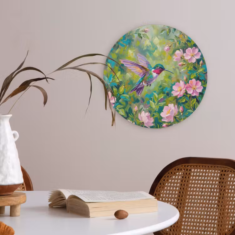 Kolibrie - Bloemen - Natuur - Kleurrijk Akoestische PET Vilt - Rond klein -sfeer3