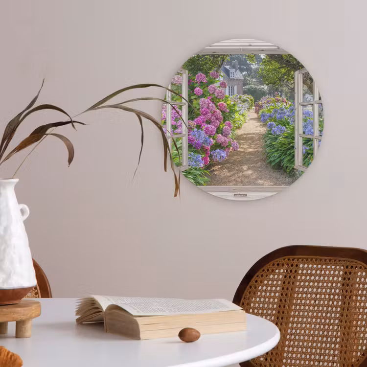 Hortensia - Doorkijk - Bloemen - Zomer - Paars - Pad Akoestische PET Vilt - Rond klein -sfeer3