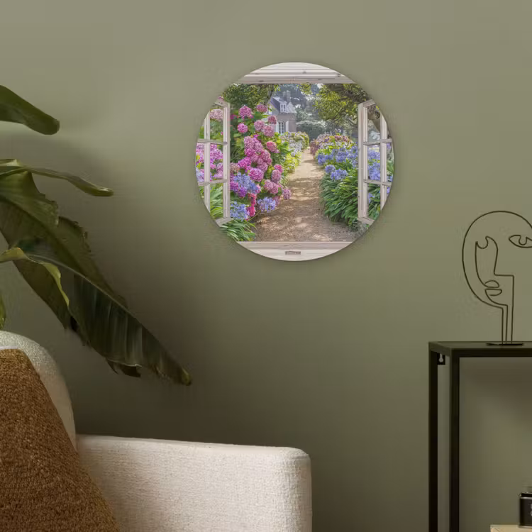 Hortensia - Doorkijk - Bloemen - Zomer - Paars - Pad Akoestische PET Vilt - Rond klein -sfeer2