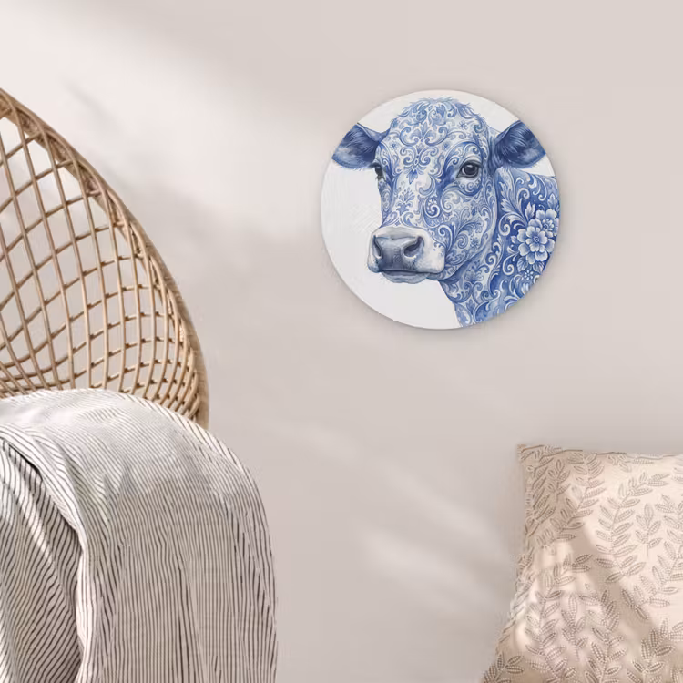 Illustratie - Koe - Blauw Akoestische PET Vilt - Rond klein -sfeer4