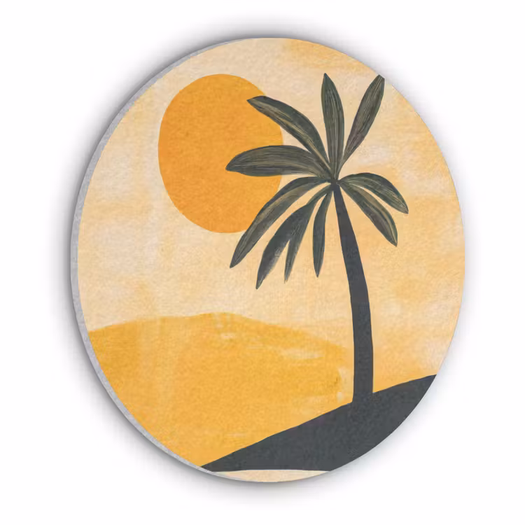 Illustratie - Palmboom - Zon - Heuvels Akoestische PET Vilt - Rond klein -3d