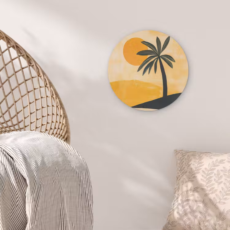 Illustratie - Palmboom - Zon - Heuvels Akoestische PET Vilt - Rond klein -sfeer4