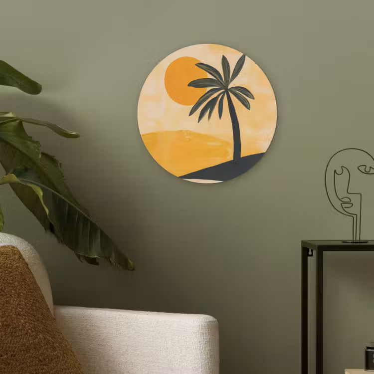 Illustratie - Palmboom - Zon - Heuvels Akoestische PET Vilt - Rond klein -sfeer2