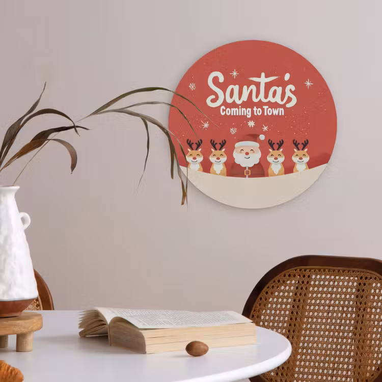 Illustratie - Kerstman - Rendieren - Rood Akoestische PET Vilt - Rond klein -sfeer3