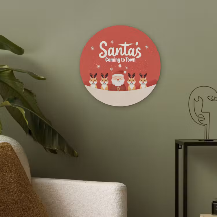 Illustratie - Kerstman - Rendieren - Rood Akoestische PET Vilt - Rond klein -sfeer2