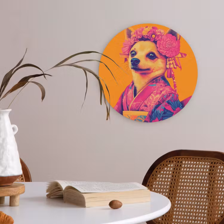 Kimono - Hondje - Bloemenkroon - Oranje Akoestische PET Vilt - Rond klein -sfeer3