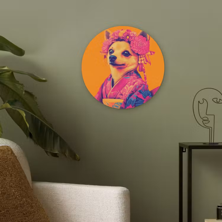 Kimono - Hondje - Bloemenkroon - Oranje Akoestische PET Vilt - Rond klein -sfeer2