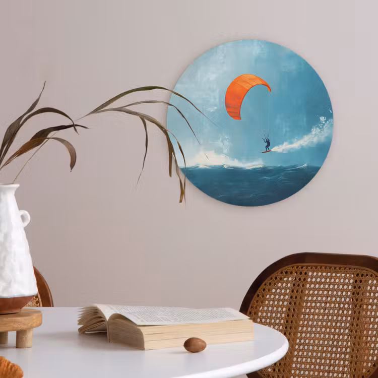 Kitesurfer - Oranje - Zee - Lucht Akoestische PET Vilt - Rond klein -sfeer3