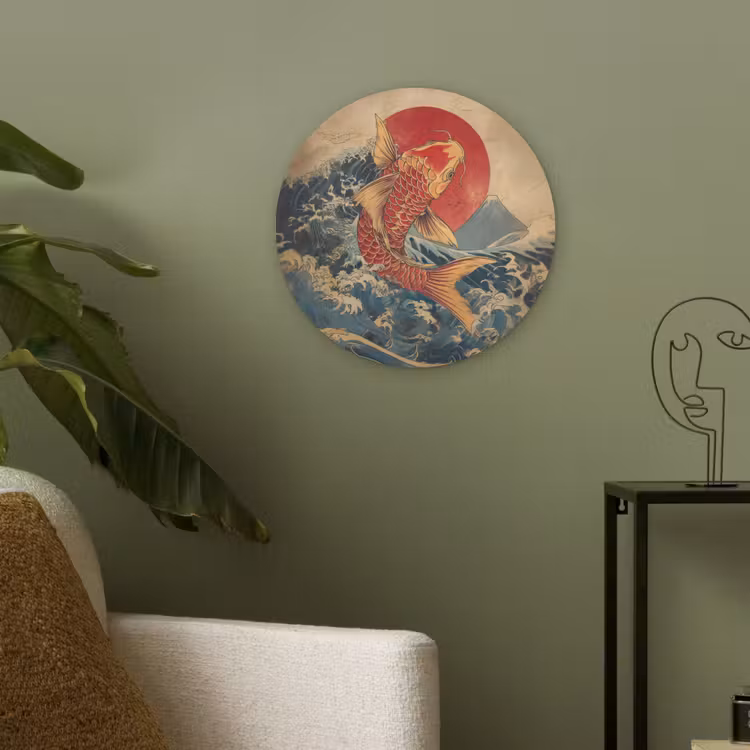 Koi - Zee - Golven - Zon Akoestische PET Vilt - Rond klein -sfeer2