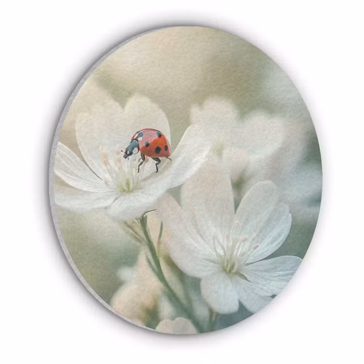 Lieveheersbeestje - Bloemen - Wit Akoestische PET Vilt - Rond klein -3d