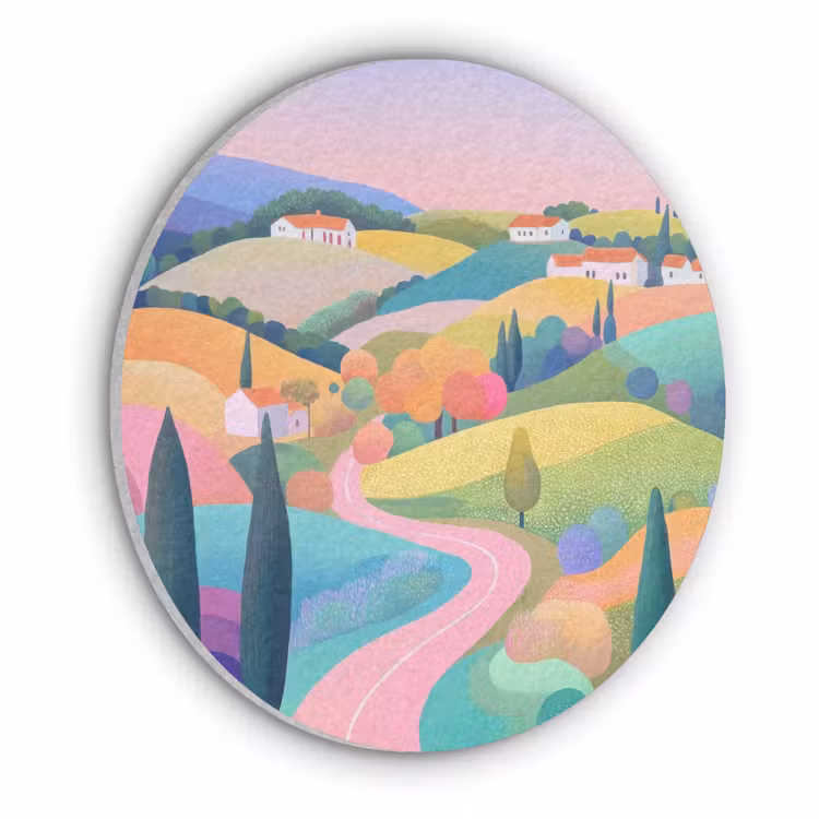 Landschap - Paars - Pastel - Huizen Akoestische PET Vilt - Rond klein -3d
