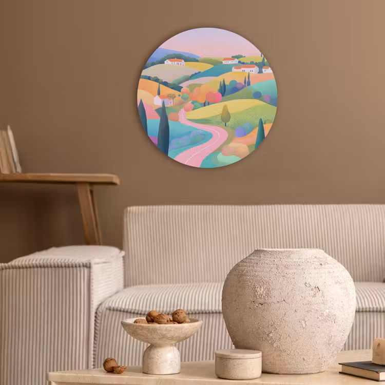 Landschap - Paars - Pastel - Huizen Akoestische PET Vilt - Rond klein -sfeer1