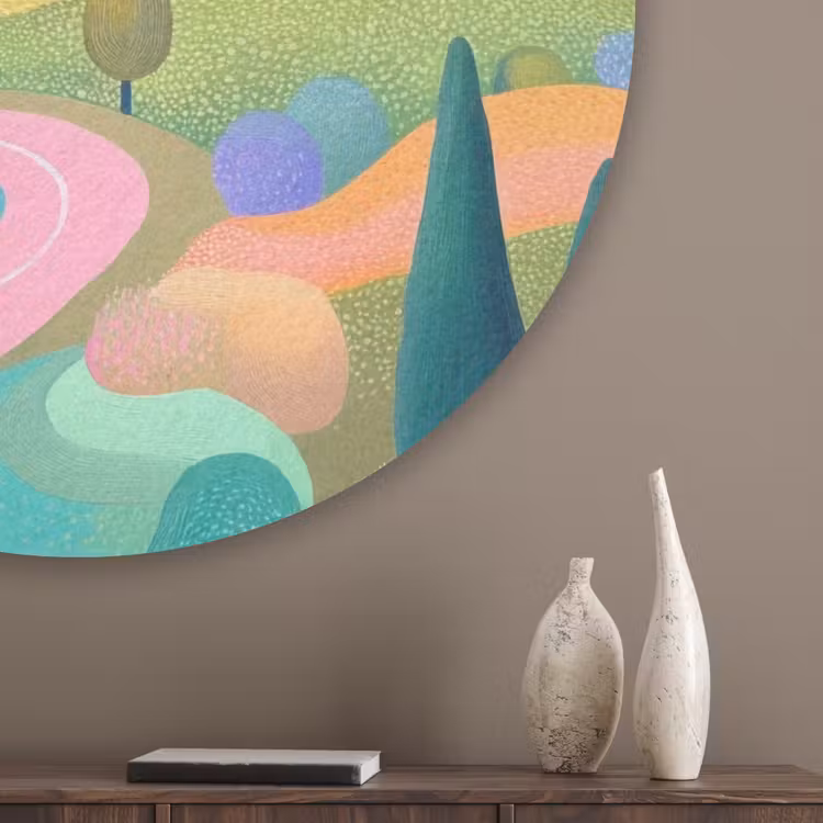 Landschap - Paars - Pastel - Huizen Akoestische PET Vilt - Rond klein -sfeer5_closeup