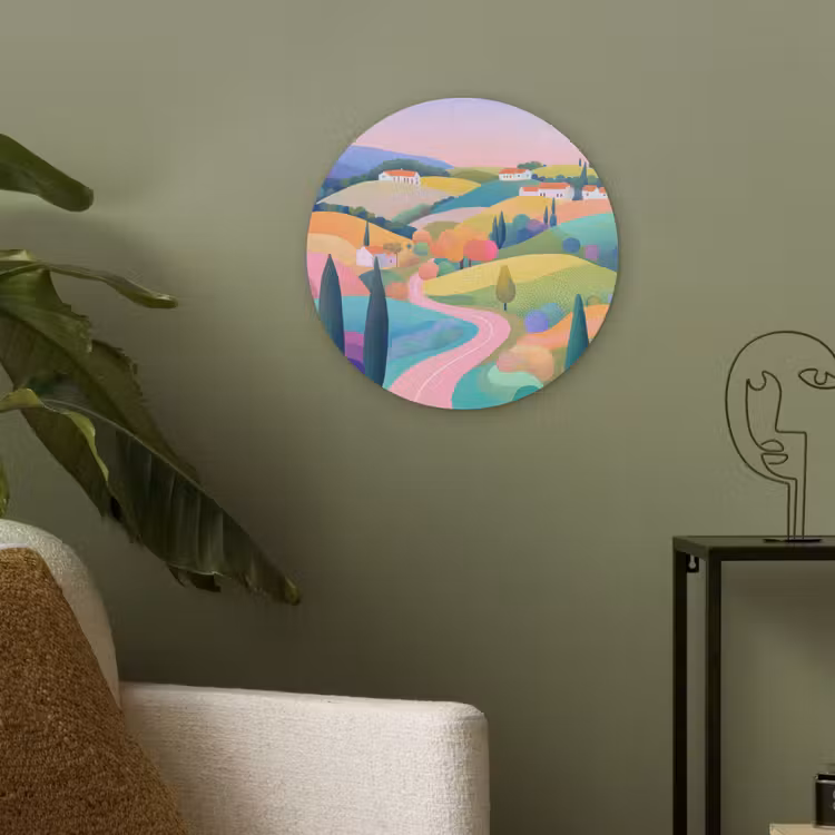 Landschap - Paars - Pastel - Huizen Akoestische PET Vilt - Rond klein -sfeer2