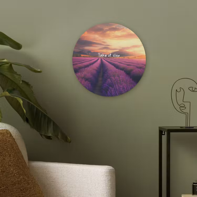 Lavendelveld - Quote - Zonsondergang Akoestische PET Vilt - Rond klein -sfeer2