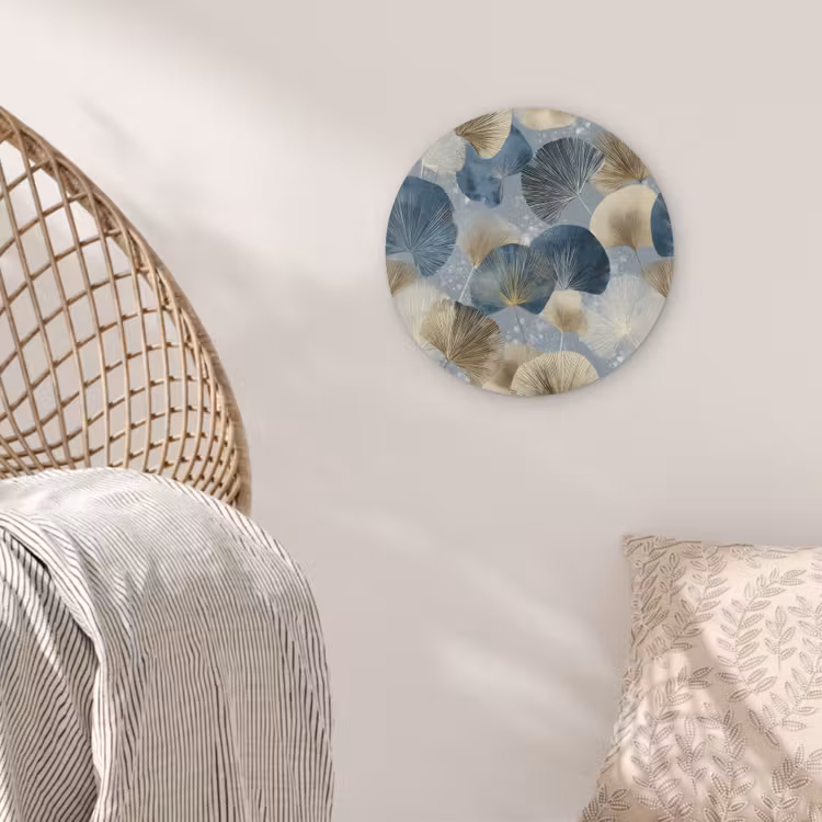 Bladeren - Abstract - Goud - Blauw Akoestische PET Vilt - Rond klein -sfeer4