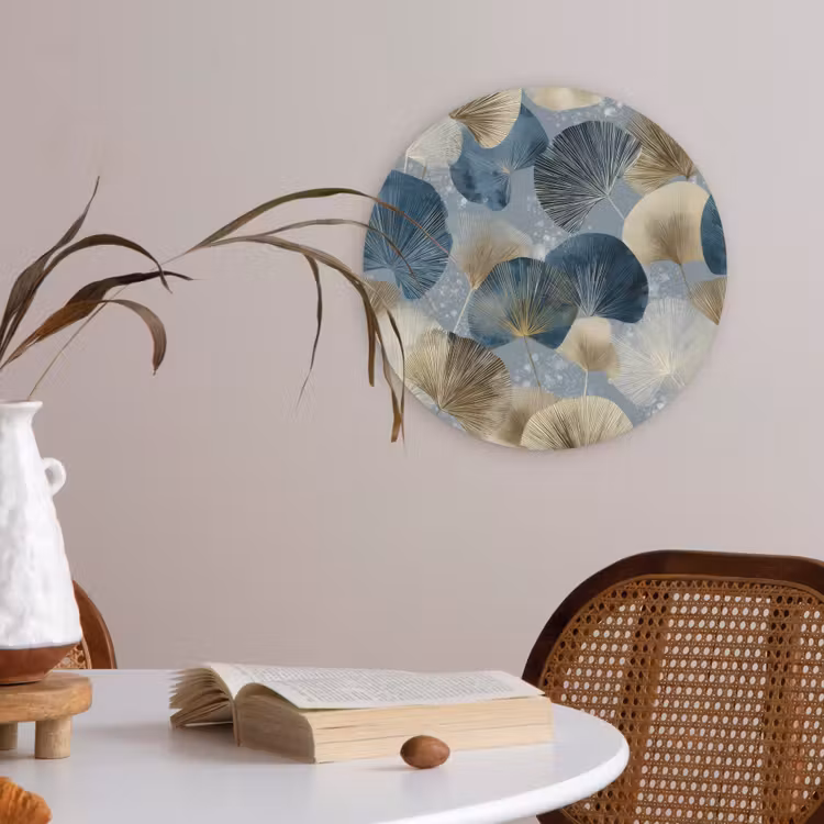 Bladeren - Abstract - Goud - Blauw Akoestische PET Vilt - Rond klein -sfeer3